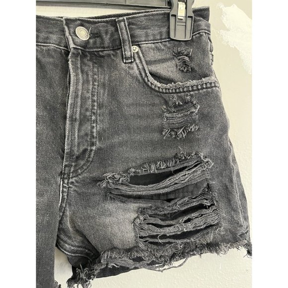 We The Free Distressed High Waist Denim Shorts Women 25 Black Wash Button Fly - Picture 5 of 15